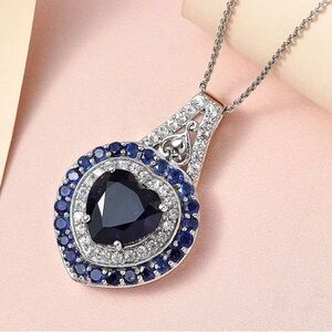 Sapphire, platinum over Sterling Silver Heart Pendant Necklace 20in, 7.5 cwt